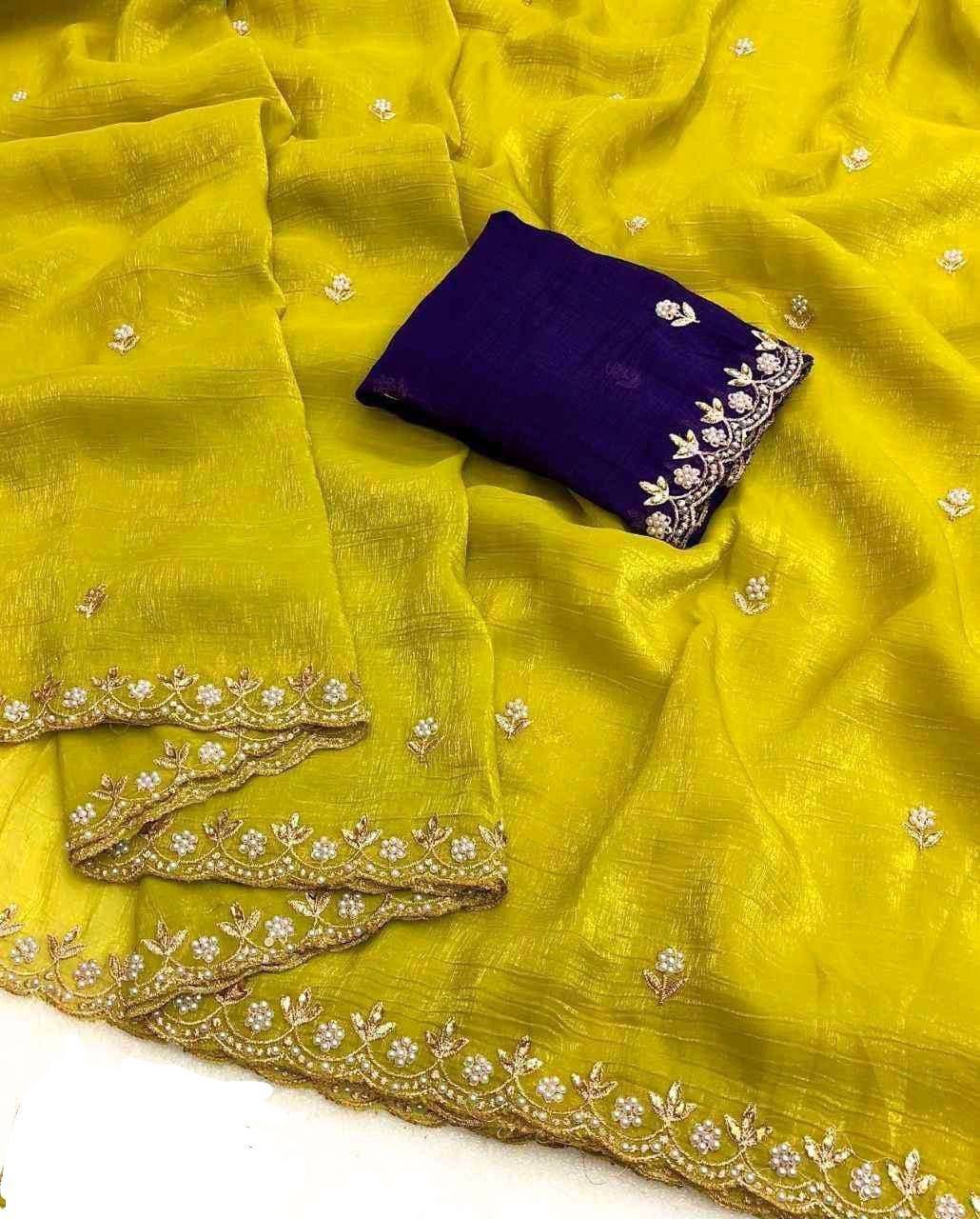 Crunchy Silk Heavy Embroidery & Moti Pearls Handwork Saree Blouse