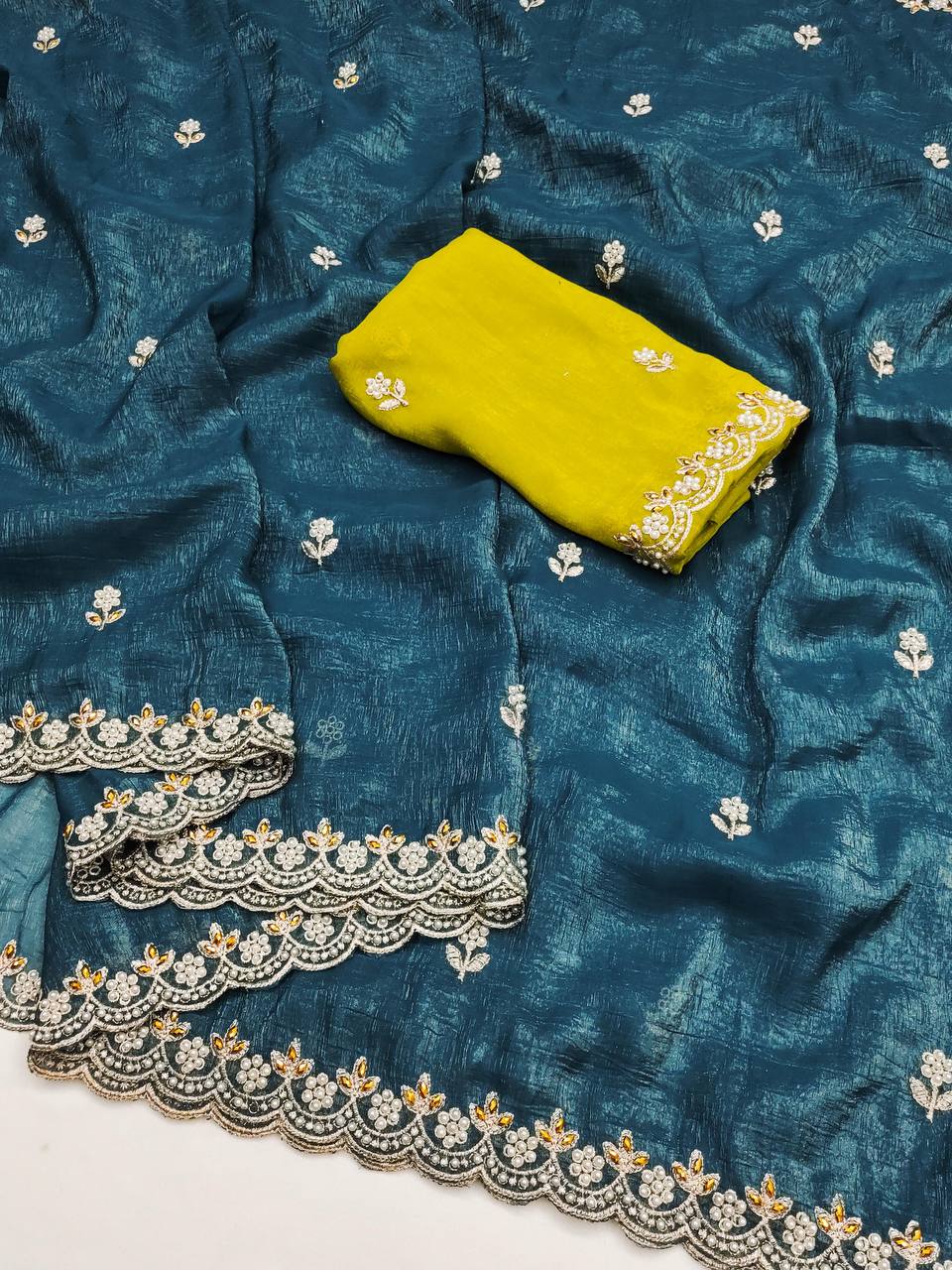 Crunchy Silk Heavy Embroidery & Moti Pearls Handwork Saree Blouse