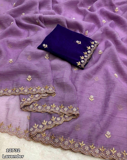 Crunchy Silk Heavy Embroidery & Moti Pearls Handwork Saree Blouse