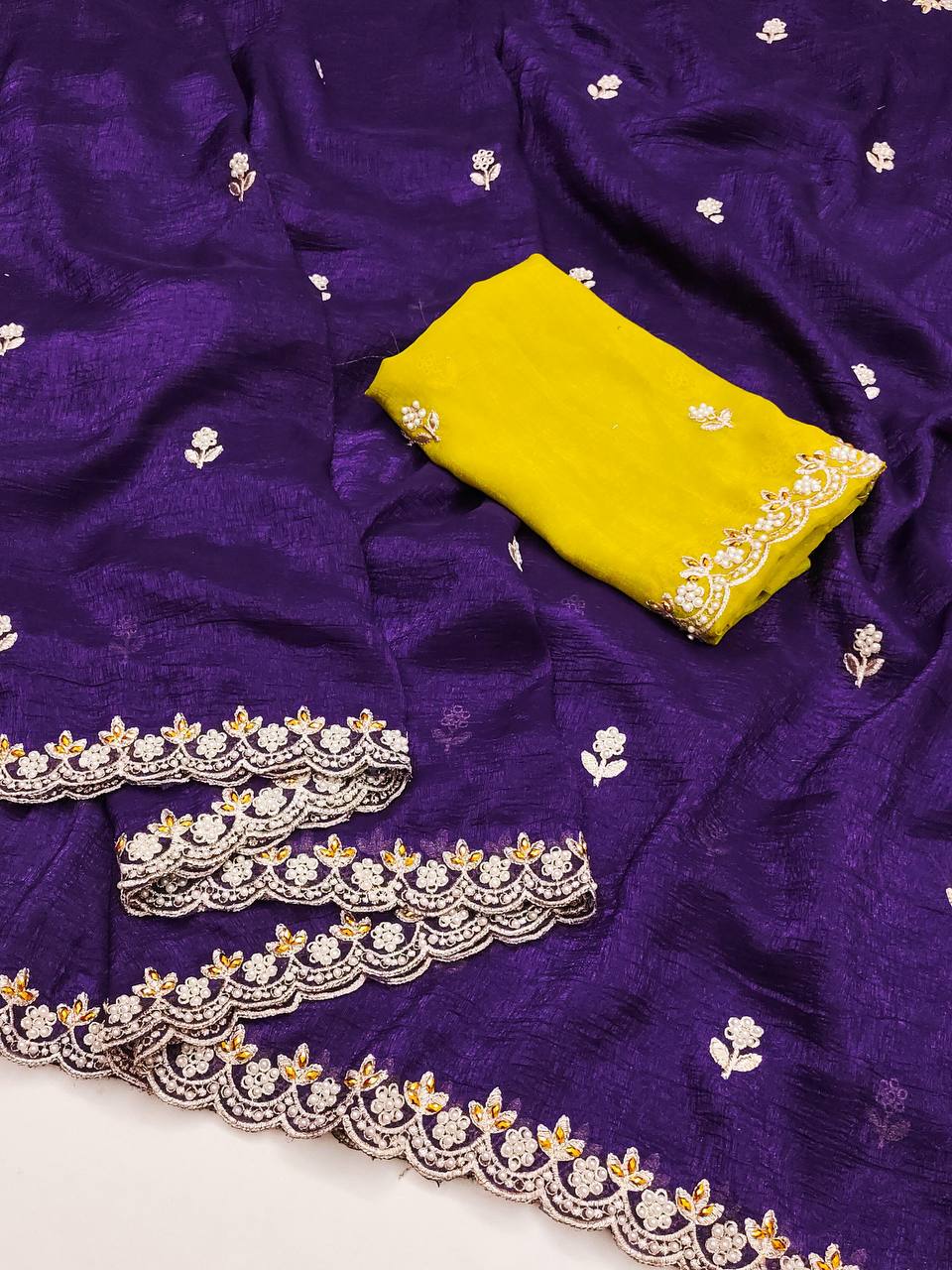 Crunchy Silk Heavy Embroidery & Moti Pearls Handwork Saree Blouse
