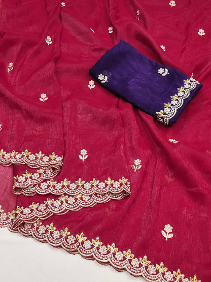 Crunchy Silk Heavy Embroidery & Moti Pearls Handwork Saree Blouse