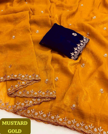 Crunchy Silk Heavy Embroidery & Moti Pearls Handwork Saree Blouse