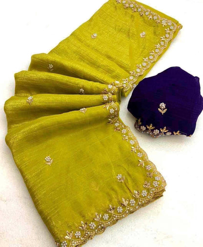 Crunchy Silk Heavy Embroidery & Moti Pearls Handwork Saree Blouse