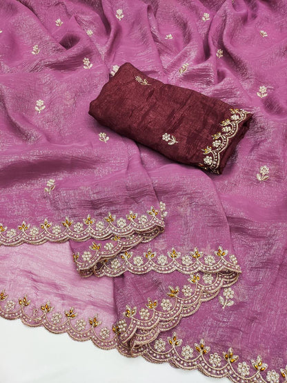 Crunchy Silk Heavy Embroidery & Moti Pearls Handwork Saree Blouse