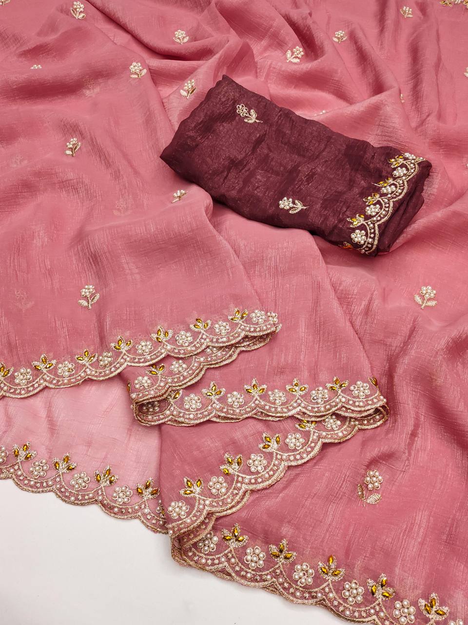 Crunchy Silk Heavy Embroidery & Moti Pearls Handwork Saree Blouse