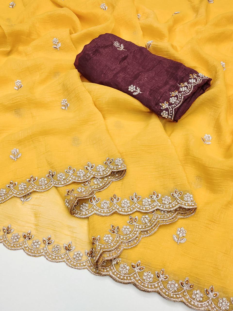 Crunchy Silk Heavy Embroidery & Moti Pearls Handwork Saree Blouse
