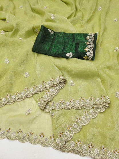 Crunchy Silk Heavy Embroidery & Moti Pearls Handwork Saree Blouse