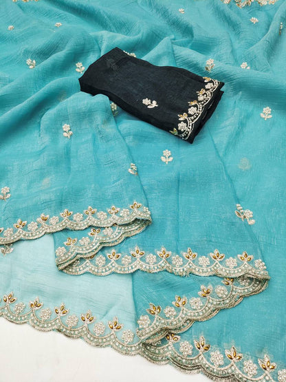 Crunchy Silk Heavy Embroidery & Moti Pearls Handwork Saree Blouse