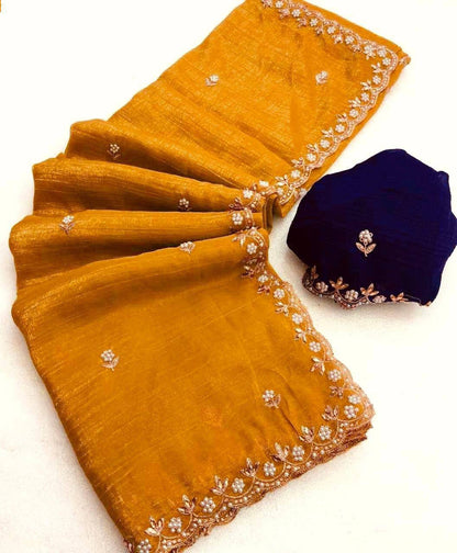 Crunchy Silk Heavy Embroidery & Moti Pearls Handwork Saree Blouse