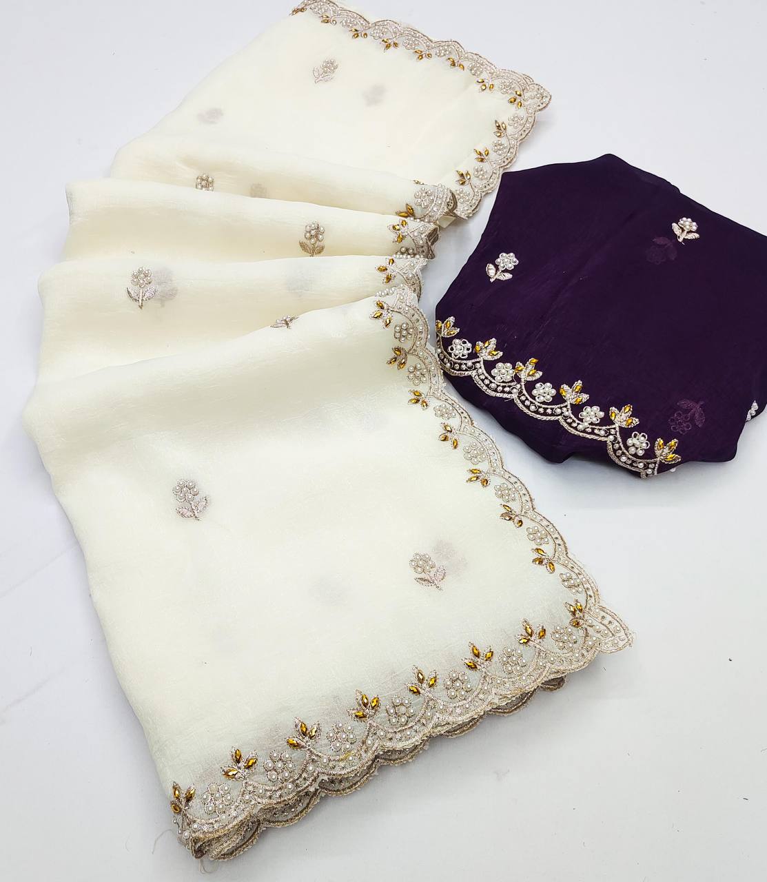 Crunchy Silk Heavy Embroidery & Moti Pearls Handwork Saree Blouse