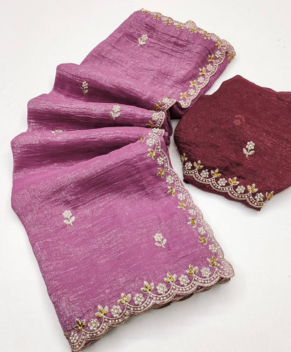 Crunchy Silk Heavy Embroidery & Moti Pearls Handwork Saree Blouse