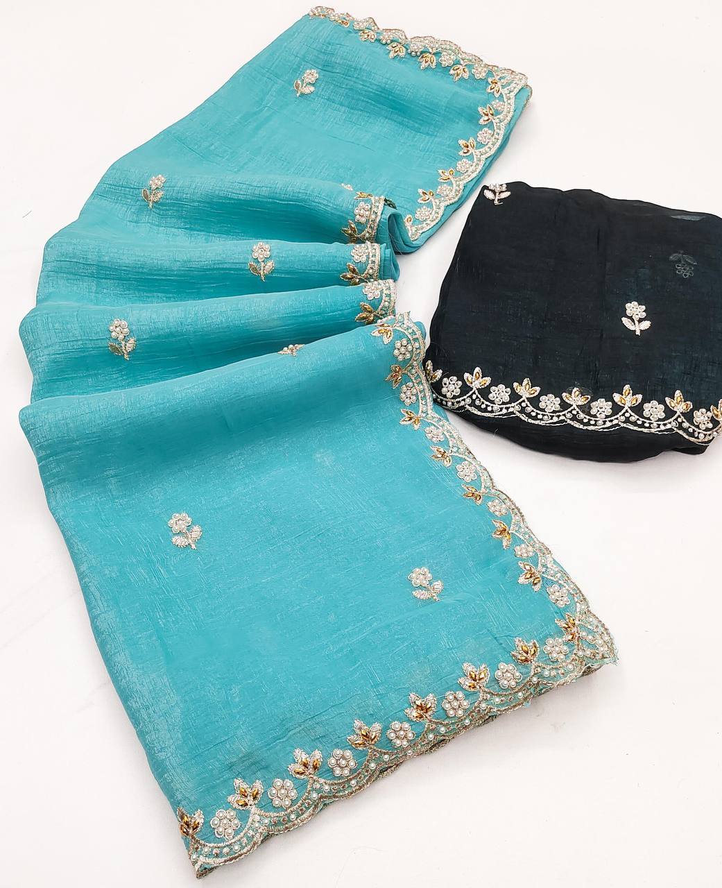 Crunchy Silk Heavy Embroidery & Moti Pearls Handwork Saree Blouse