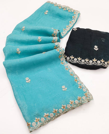 Crunchy Silk Heavy Embroidery & Moti Pearls Handwork Saree Blouse
