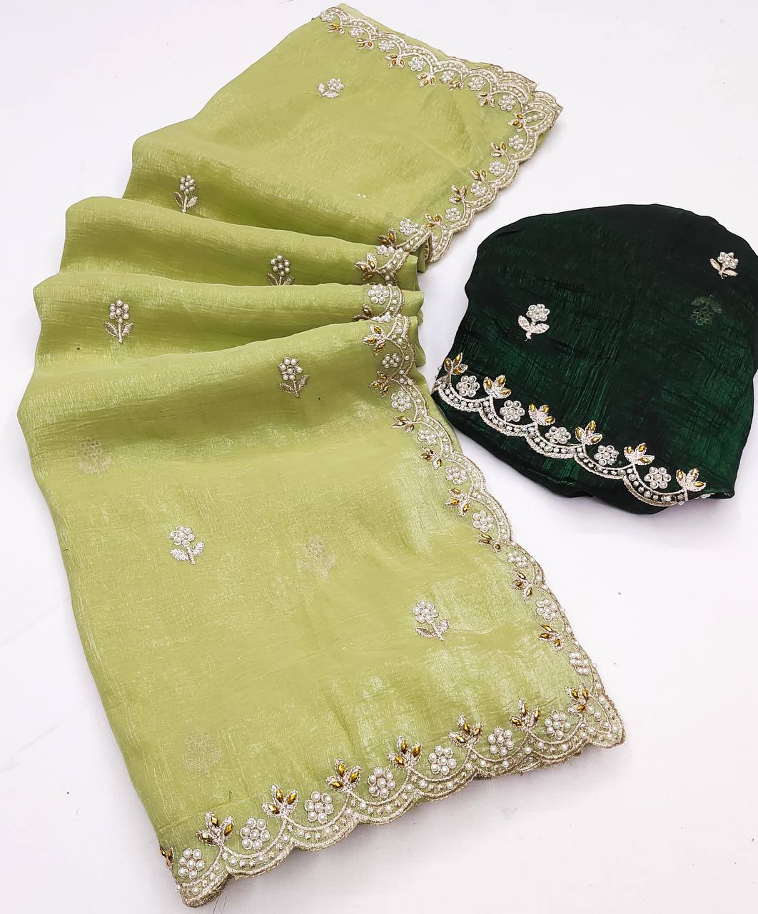 Crunchy Silk Heavy Embroidery & Moti Pearls Handwork Saree Blouse