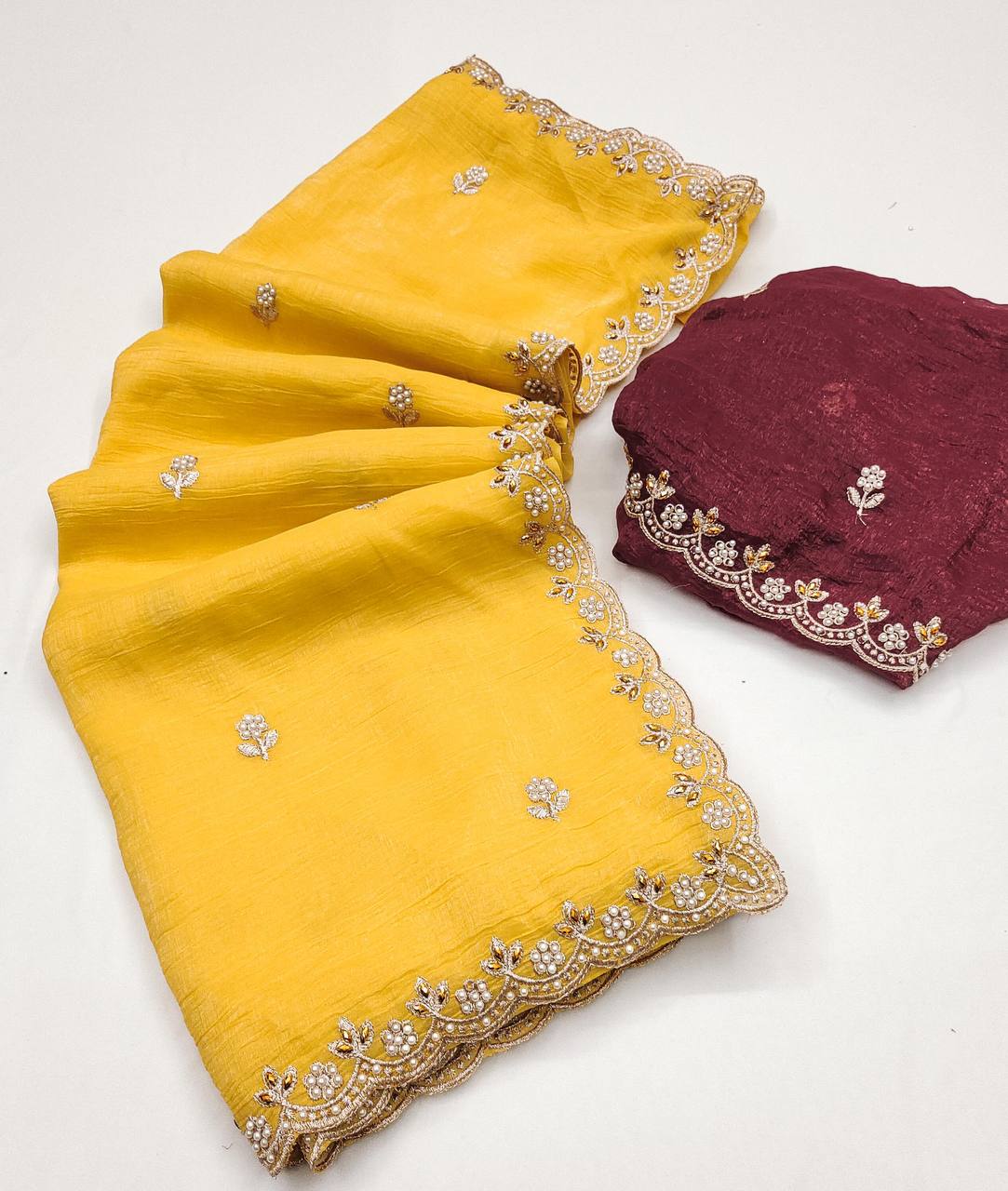 Crunchy Silk Heavy Embroidery & Moti Pearls Handwork Saree Blouse