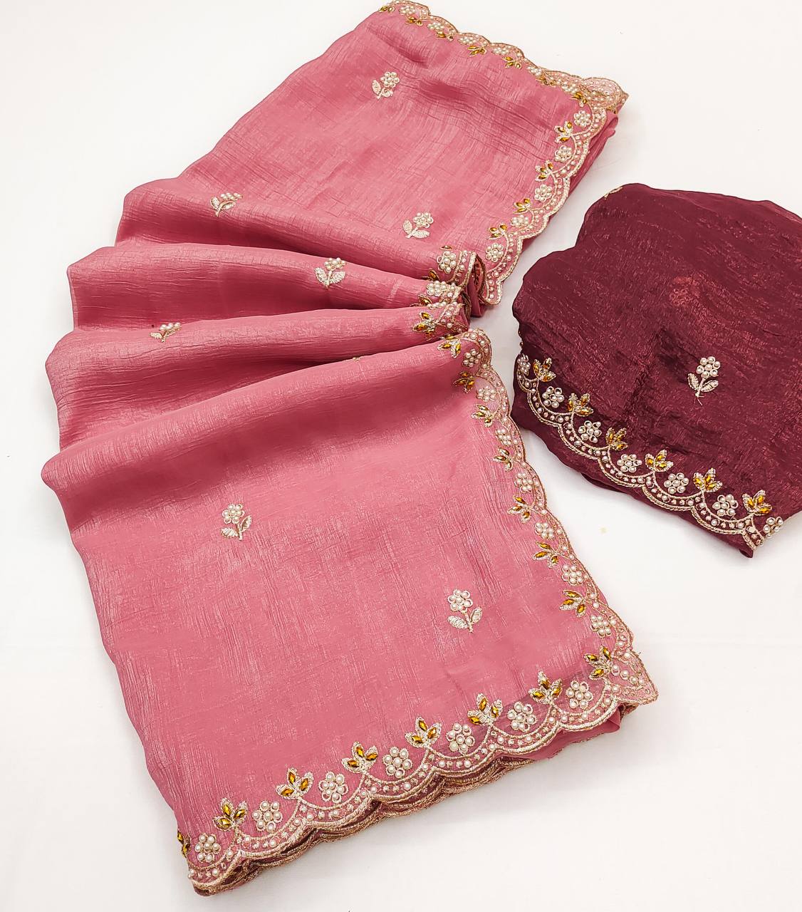 Crunchy Silk Heavy Embroidery & Moti Pearls Handwork Saree Blouse