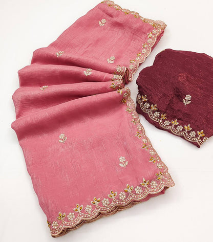 Crunchy Silk Heavy Embroidery & Moti Pearls Handwork Saree Blouse