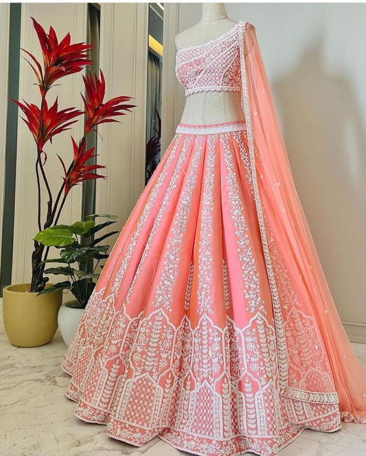 Dark Peach Color Chinon Silk Thread Work Lehenga Choli