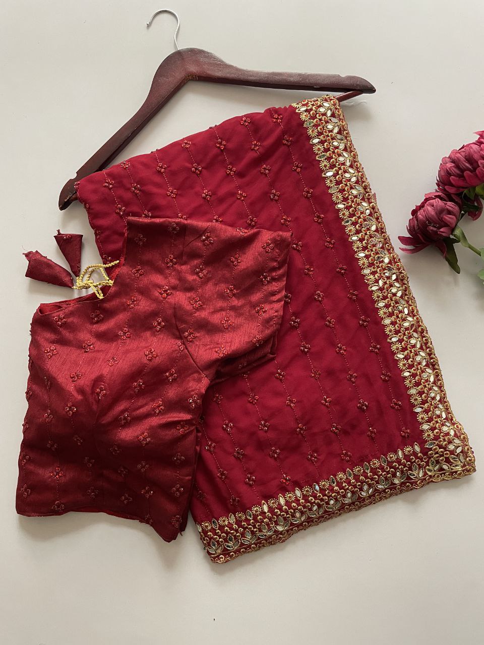 Maroon Color Soft Georgette LCD & Oringnal Mirror Work  Saree