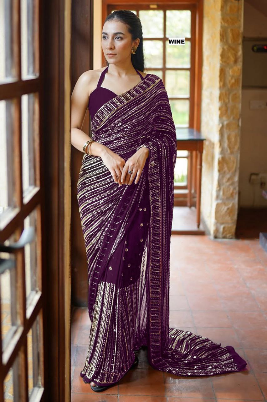 Elegant Georgette Saree With Multy Embroidery and Sequins