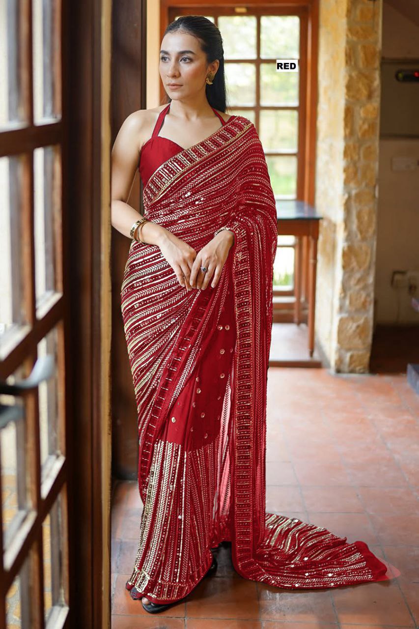 Elegant Georgette Saree With Multy Embroidery and Sequins