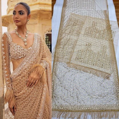 Cream Soft Net Sequence Embroidered Saree Blouse