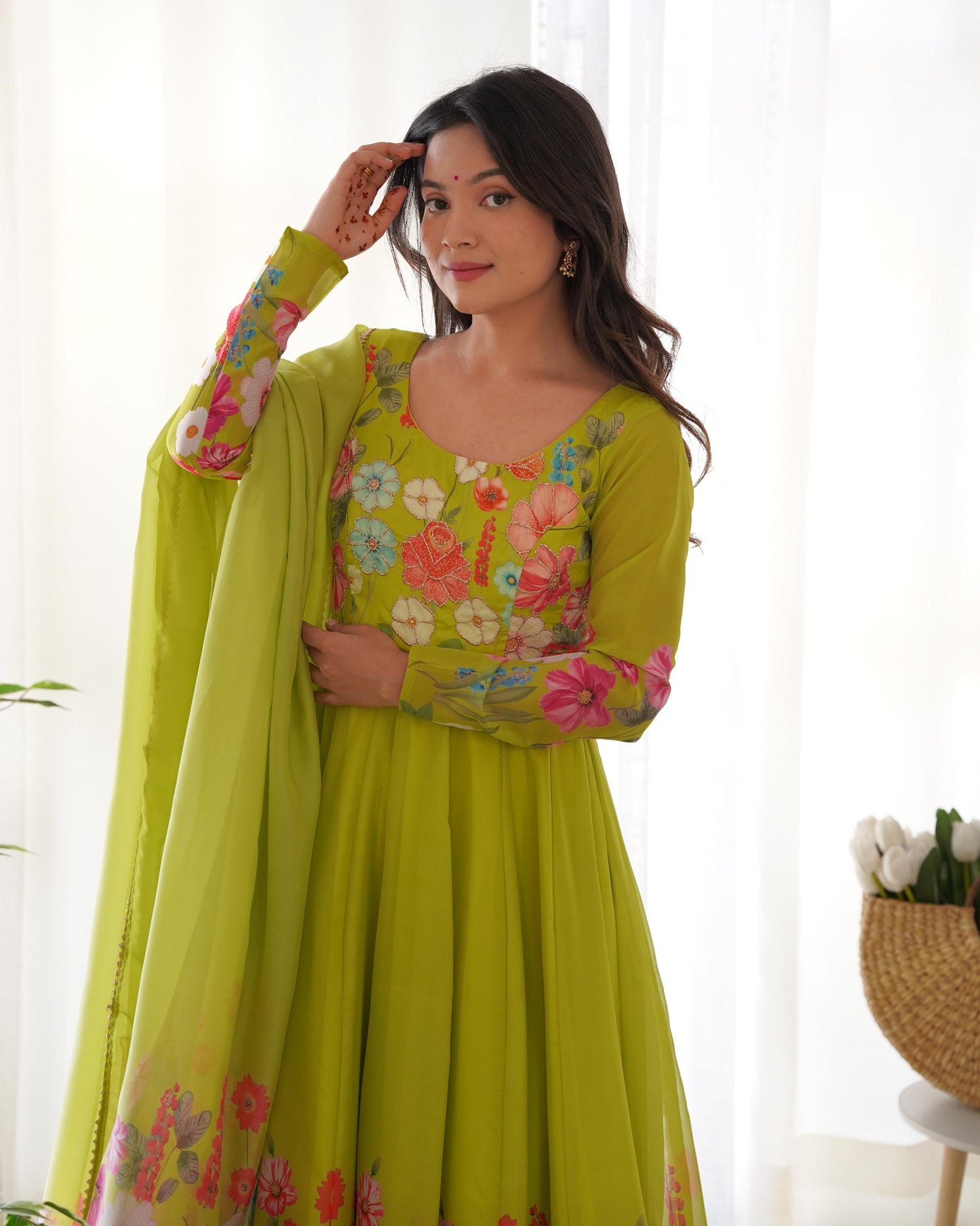 Green Organza Silk Printed Jari Work Anarkali Gown Set With Pant Dupatta