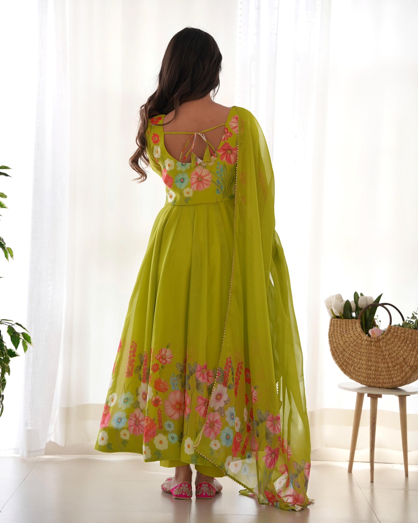 Green Organza Silk Printed Jari Work Anarkali Gown Set With Pant Dupatta