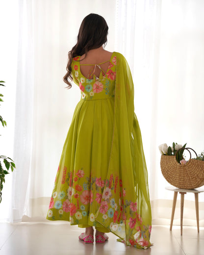 Green Organza Silk Printed Jari Work Anarkali Gown Set With Pant Dupatta