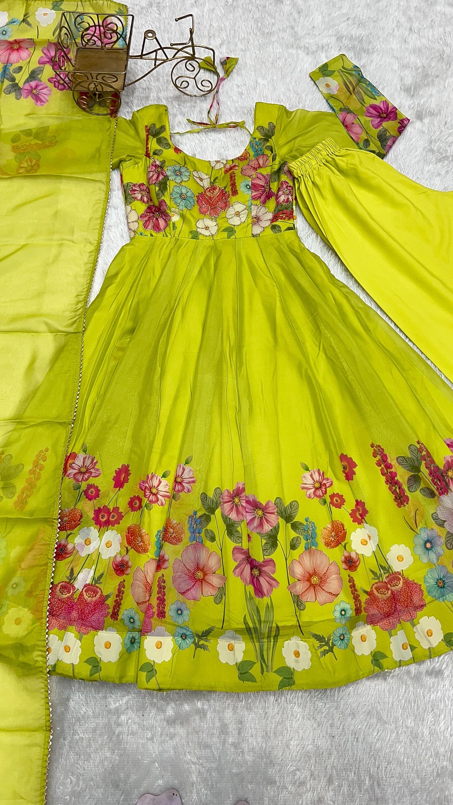 Green Organza Silk Printed Jari Work Anarkali Gown Set With Pant Dupatta