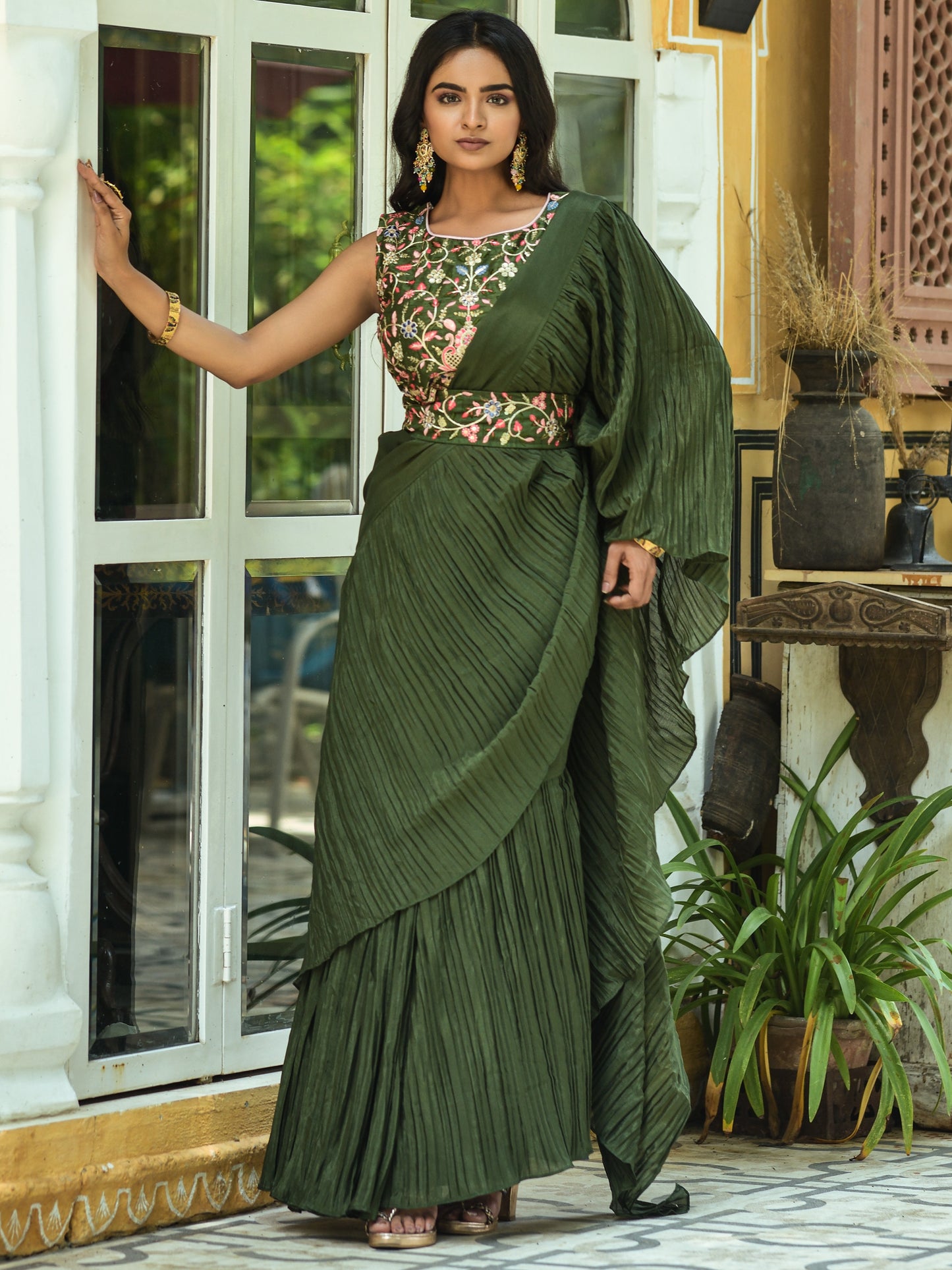 Beautiful Chinon Silk With Half Crush Pleated with Heavy Dual Sequence Work Saree