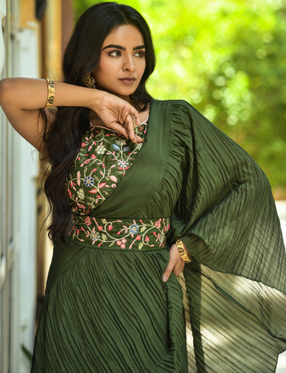 Beautiful Chinon Silk With Half Crush Pleated with Heavy Dual Sequence Work Saree