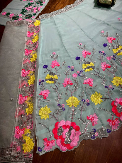 Sky Color Floral Work Lehenga Choli