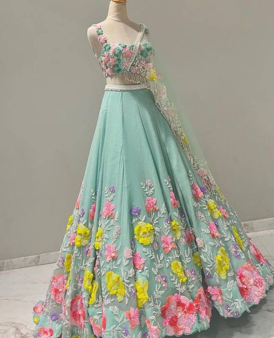 Sky Color Floral Work Lehenga Choli