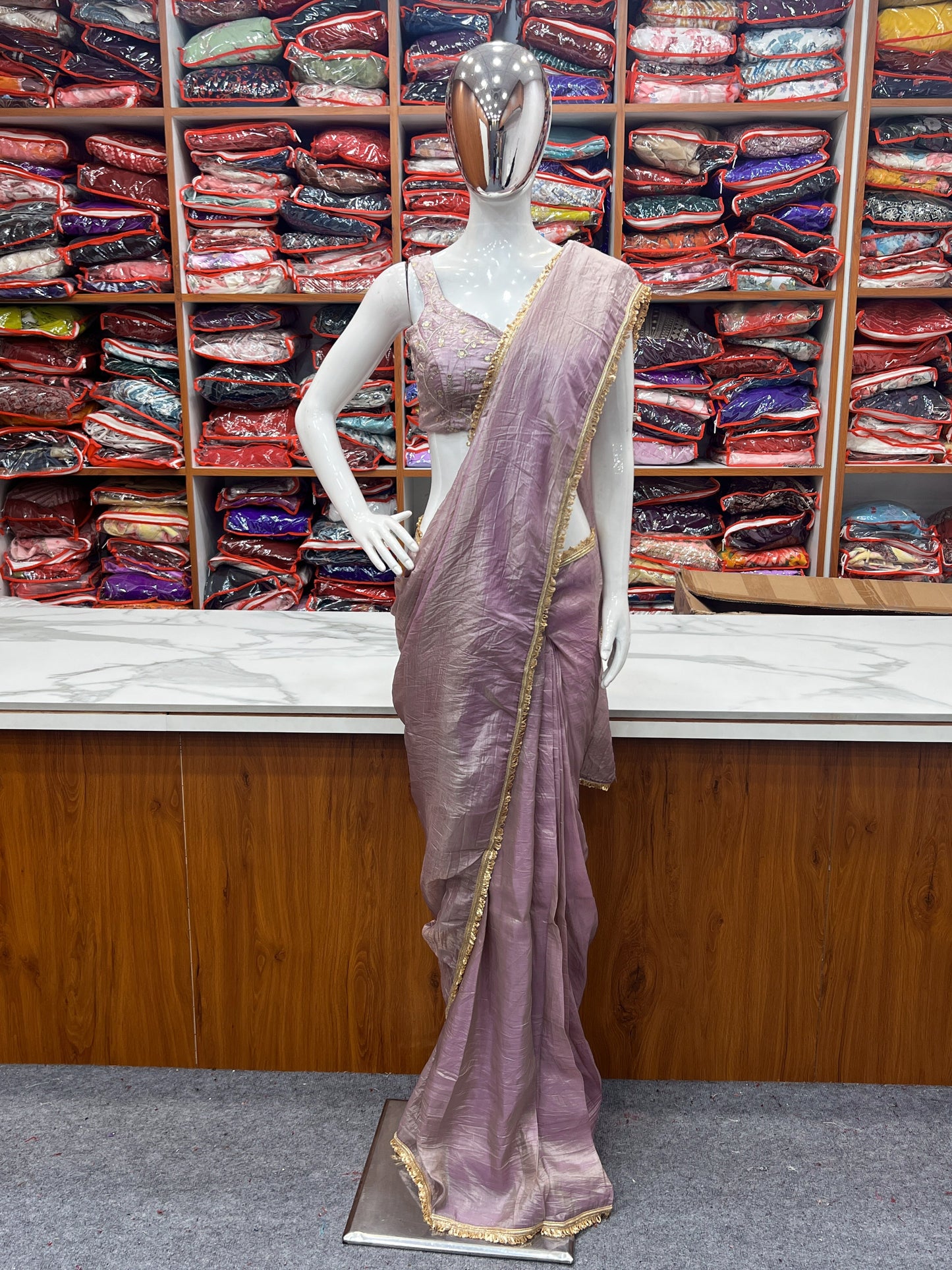 Dusty Mavua Gold Crush Silk Ready to Wear Complete Saree Blouse