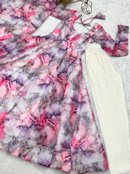 Pink Printed Organza Anarkali Suit