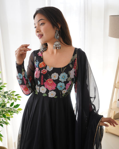 Lovely Black Color Printed Fully Stitched Anarkali Designer Gown