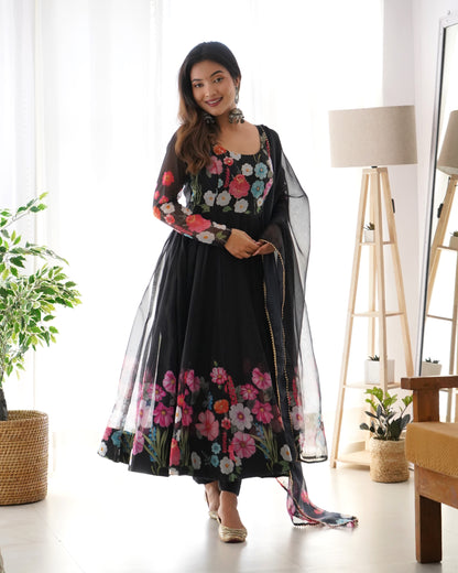 Lovely Black Color Printed Fully Stitched Anarkali Designer Gown