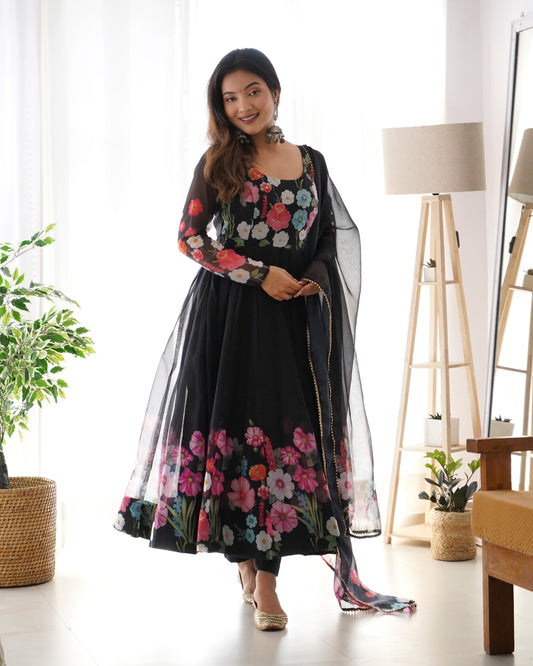Lovely Black Color Printed Fully Stitched Anarkali Designer Gown