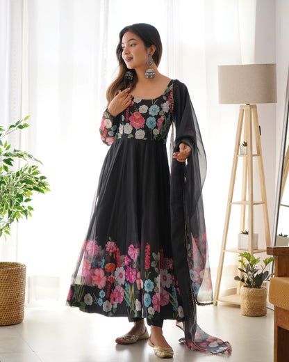 Lovely Black Color Printed Fully Stitched Anarkali Designer Gown