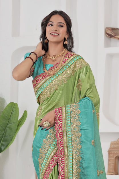 Awesome Green And Teal Chinon Silk Embroidery Codding With Lace Border Wedding Wear Saree