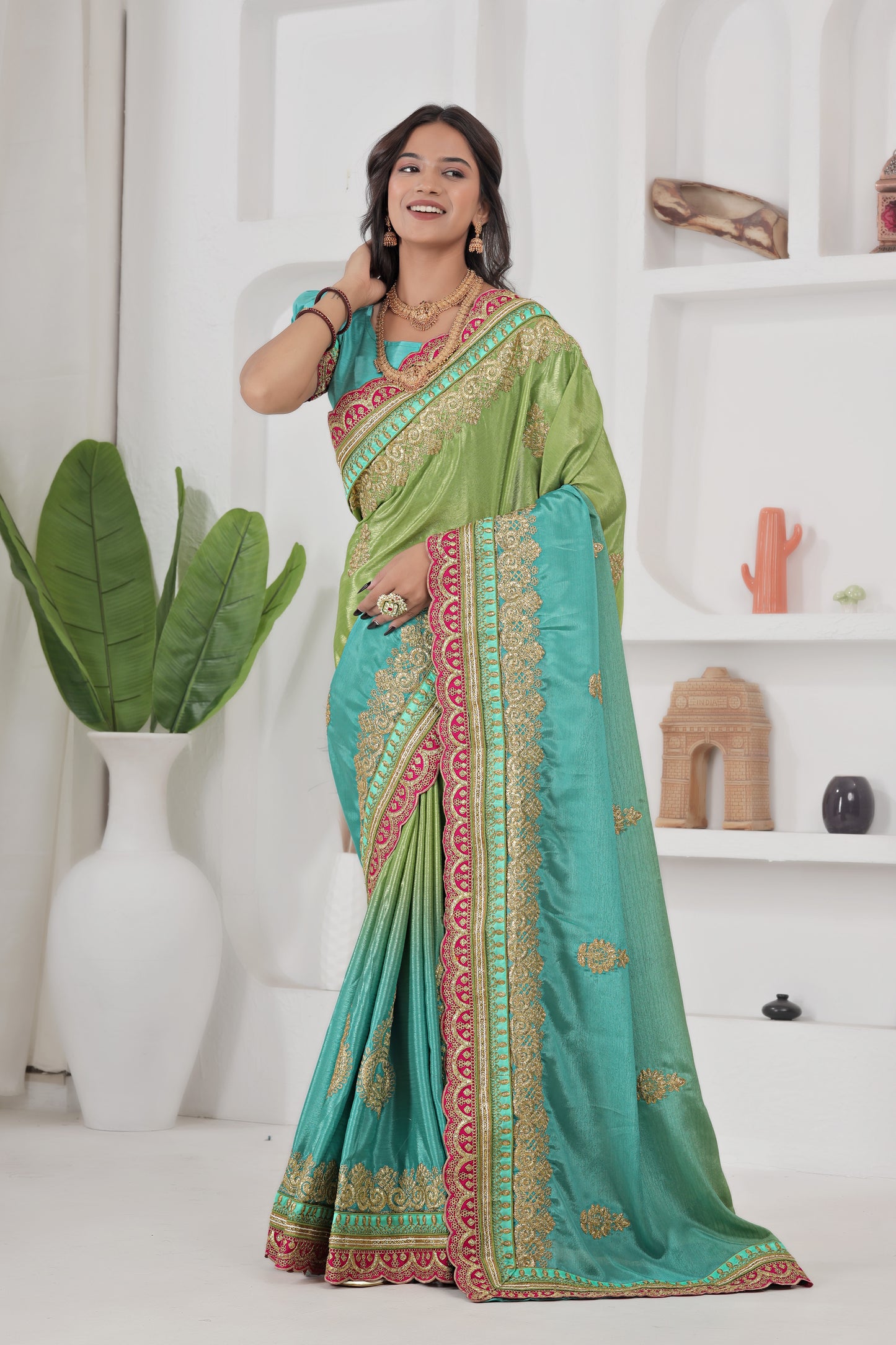 Awesome Green And Teal Chinon Silk Embroidery Codding With Lace Border Wedding Wear Saree