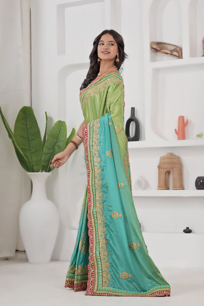 Awesome Green And Teal Chinon Silk Embroidery Codding With Lace Border Wedding Wear Saree