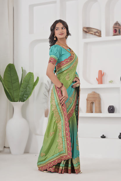 Awesome Green And Teal Chinon Silk Embroidery Codding With Lace Border Wedding Wear Saree