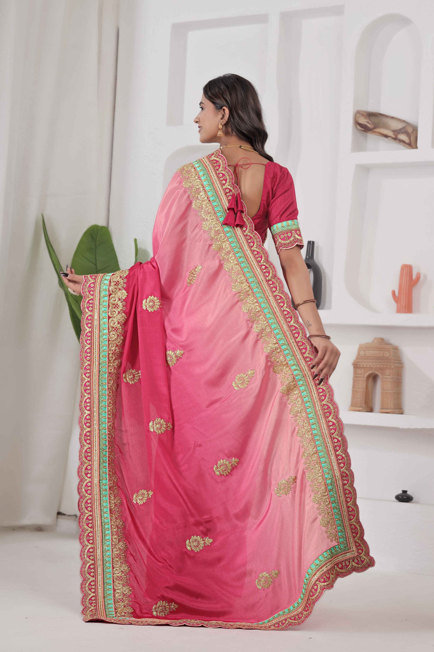 Crazy Radiant Pink Chinon Silk Embroidery Codding With Lace Border Wedding Wear Saree
