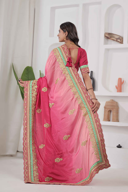 Crazy Radiant Pink Chinon Silk Embroidery Codding With Lace Border Wedding Wear Saree