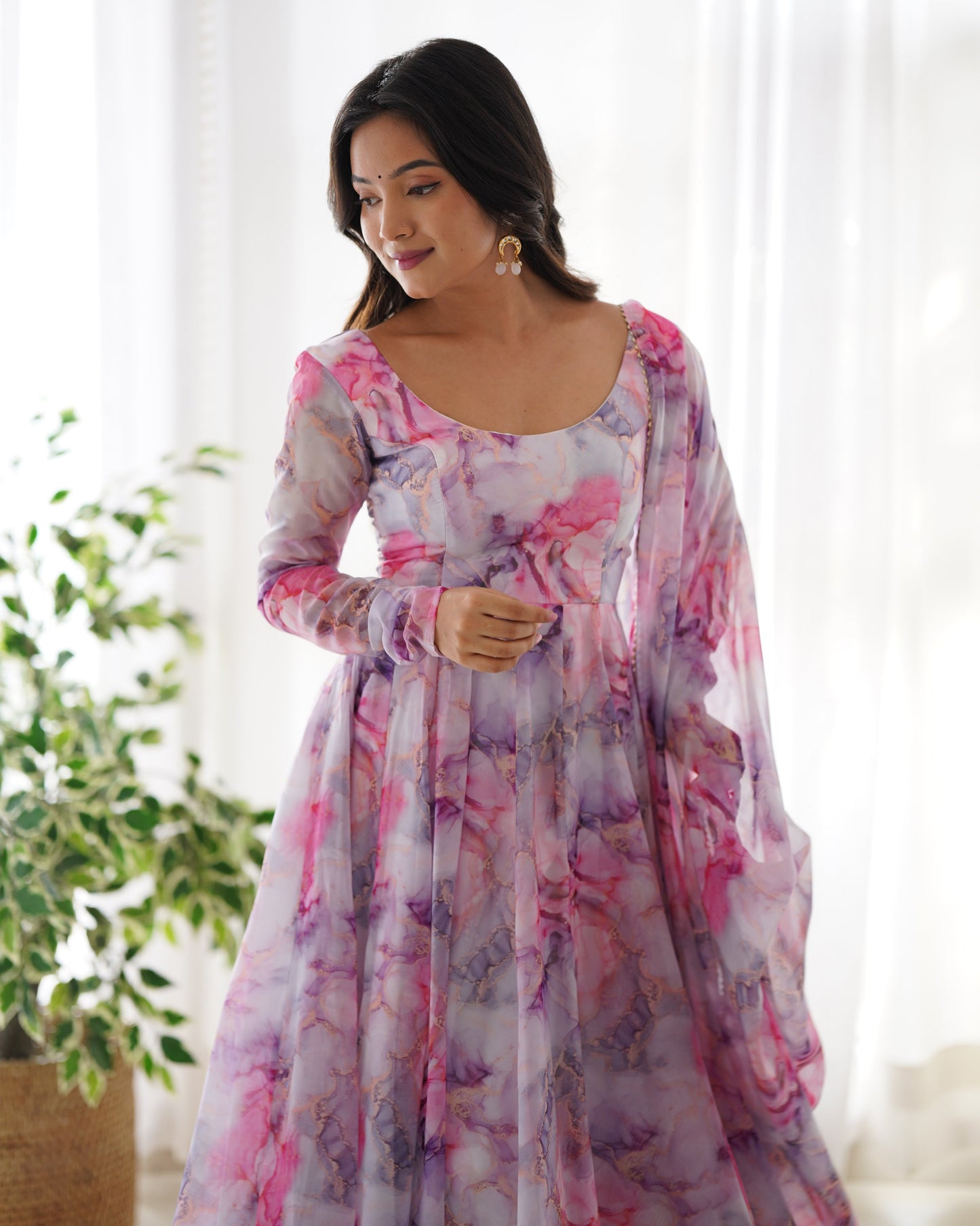 Pink Printed Organza Anarkali Suit