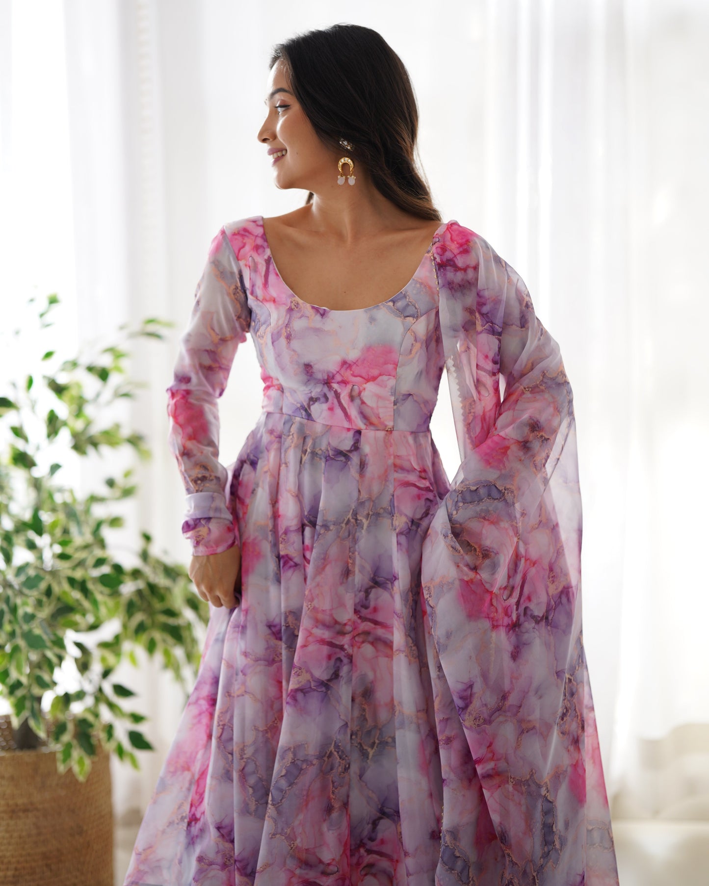 Pink Printed Organza Anarkali Suit