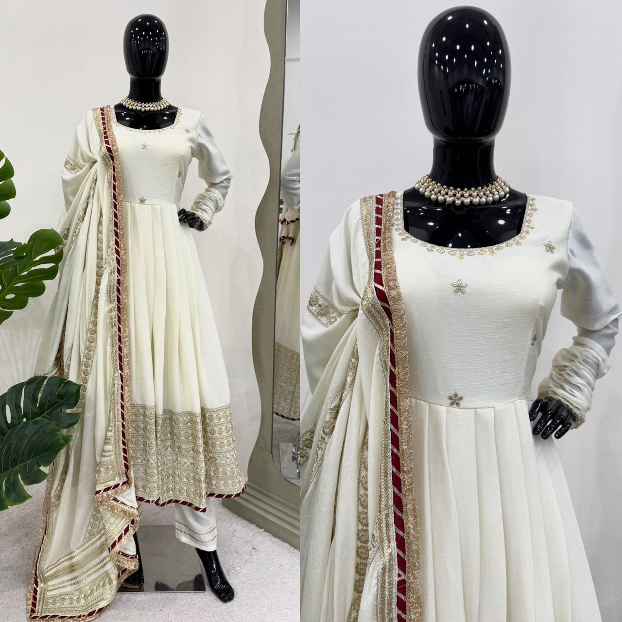 Ivory Color Silk Ready to Wear Gown Set