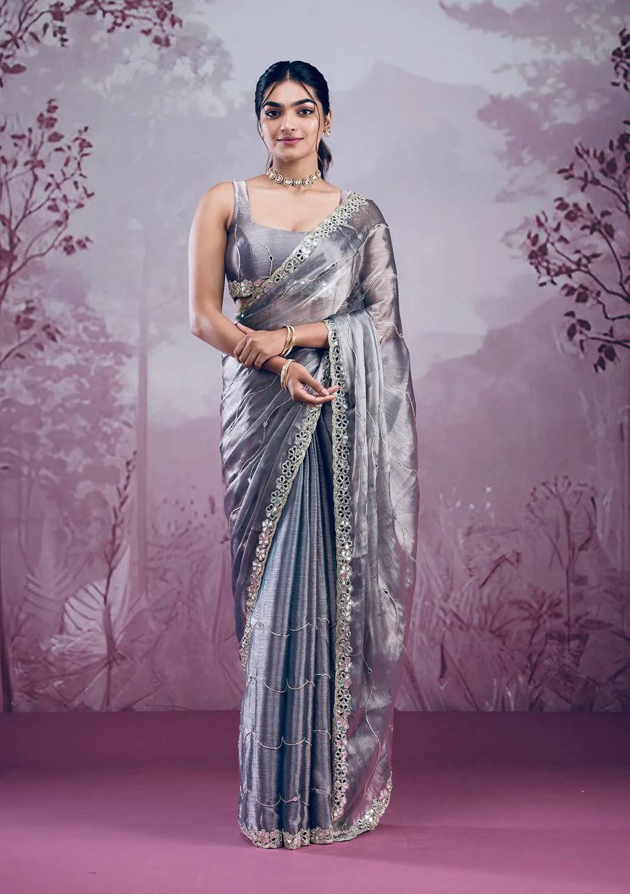 Elegant Embroidered Berberry Saree With Real Mirror Work & Matching Blouse